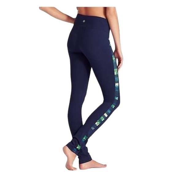 Athleta Flow Skinny Up Navy Leaf Print Stripe Workout Yoga Pant Leggings Size XS - Picture 2 of 8